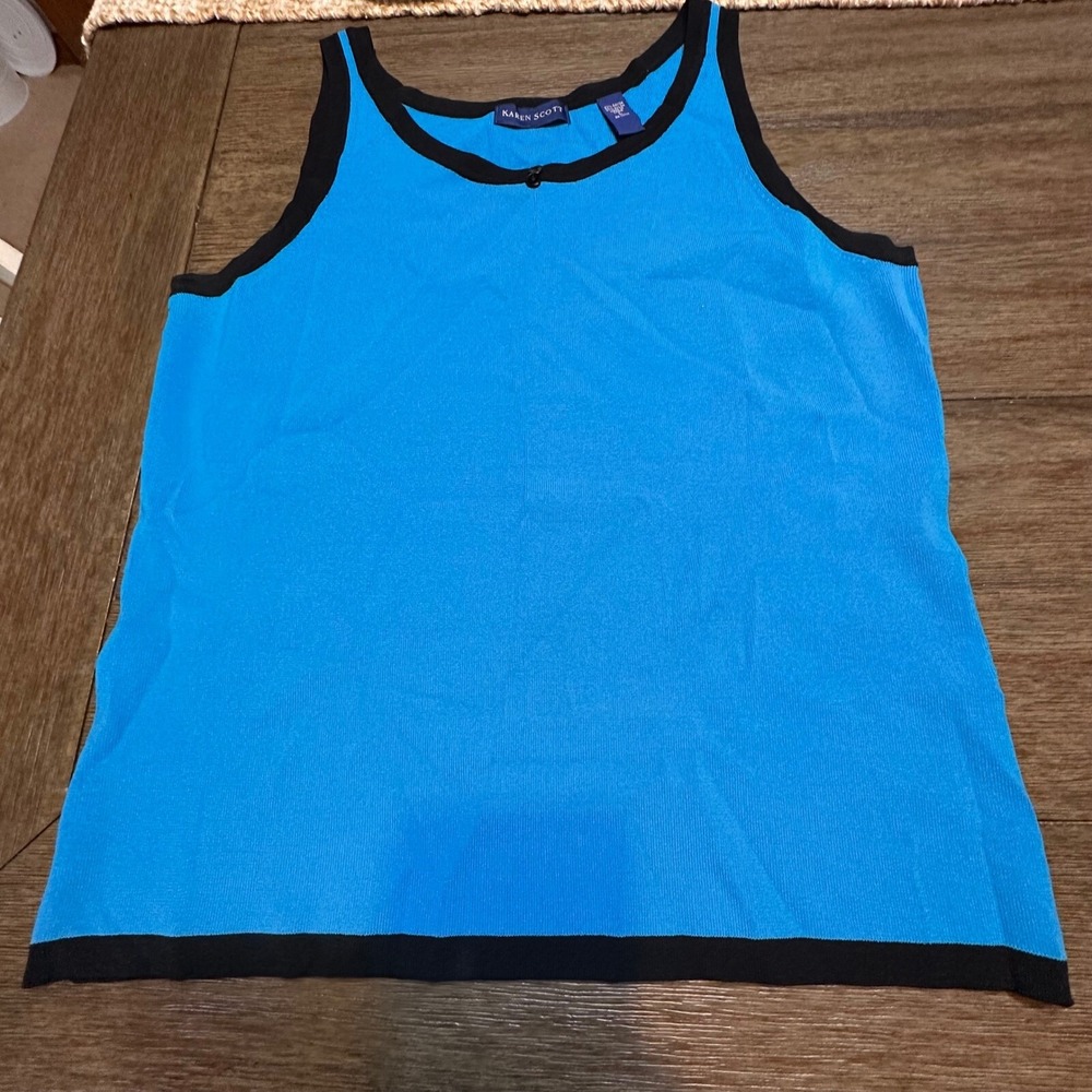 Karen Scott‎ Sweater Tank Top Knit Sleeveless Casual Blue Black Trim Size L